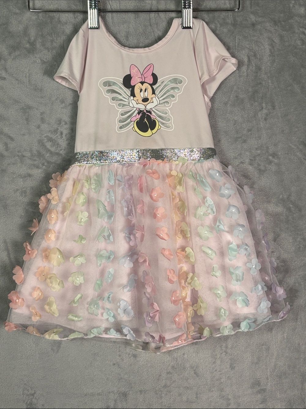 Disney Junior Minnie Mouse Pink Lavender Floral Toile Overlay Dress Size 3T